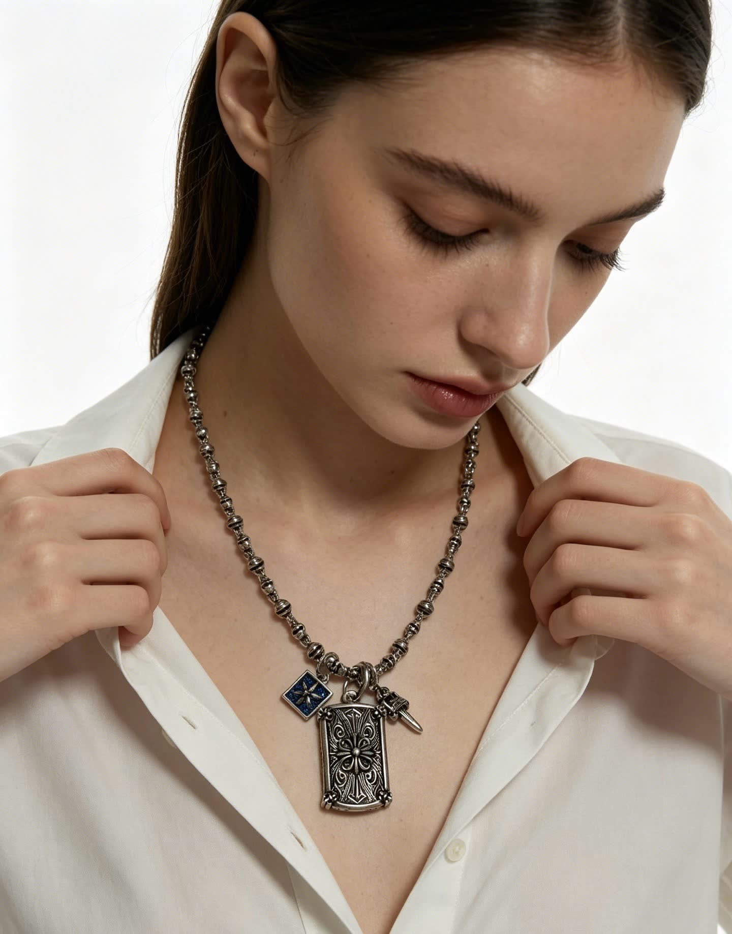 Chrome Hearts Black Orchid Silver Necklace with Charms